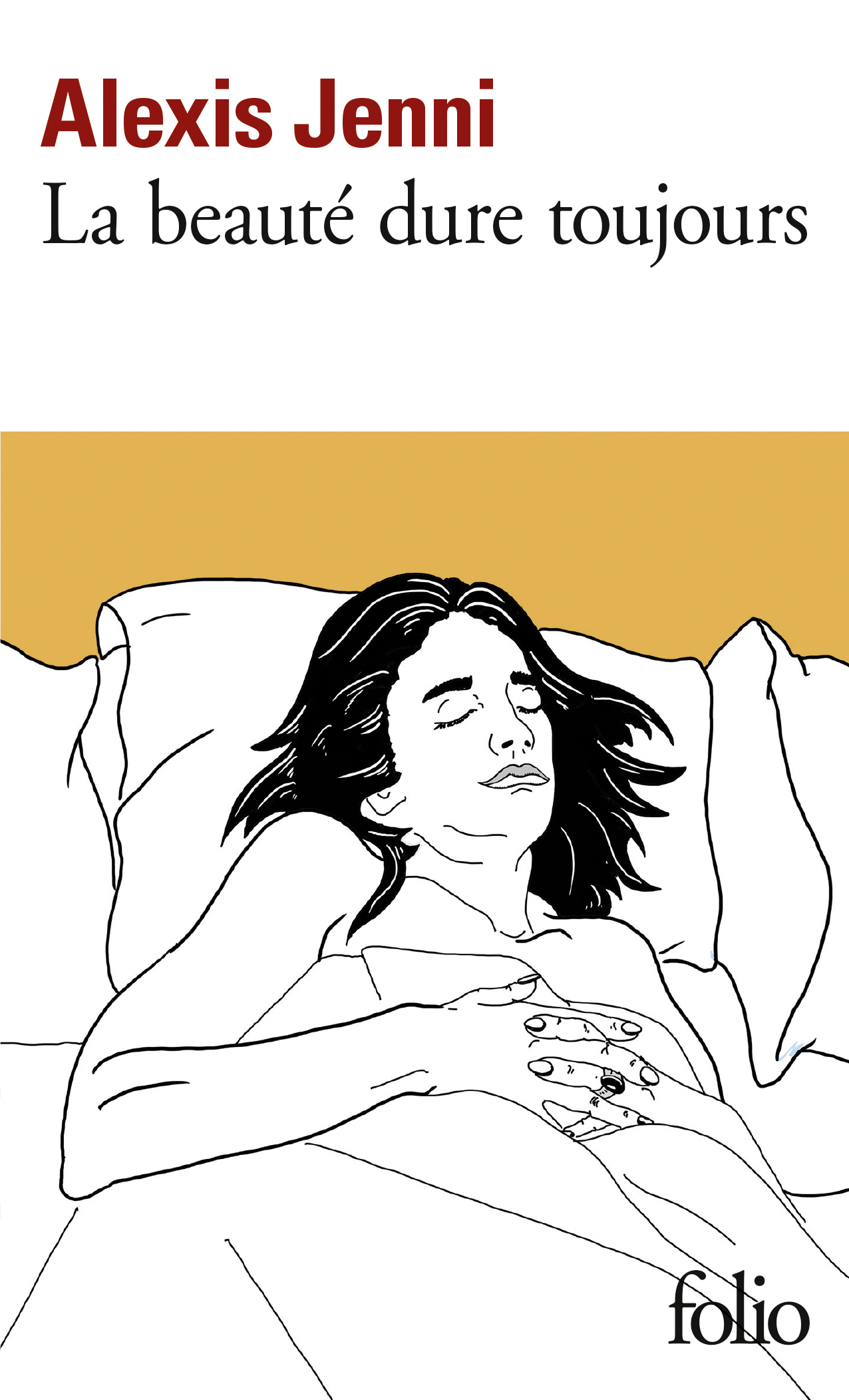 dessin de femme allongé dans un lit sur fond jaune.