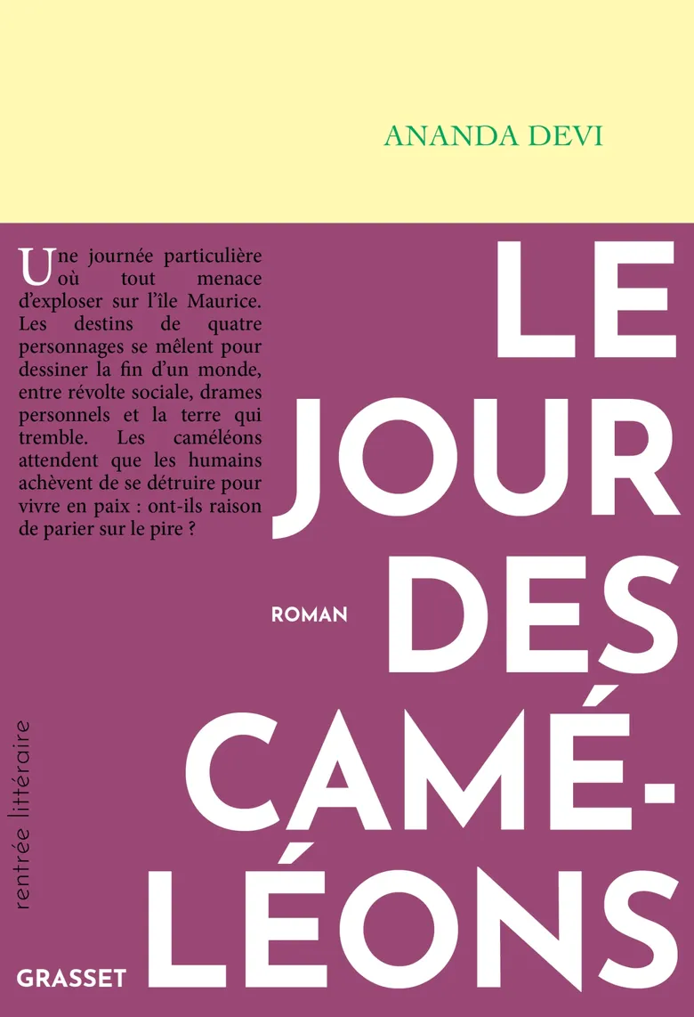 Fond violet et jaune avec titre en majuscule : Le Jour des caméléons